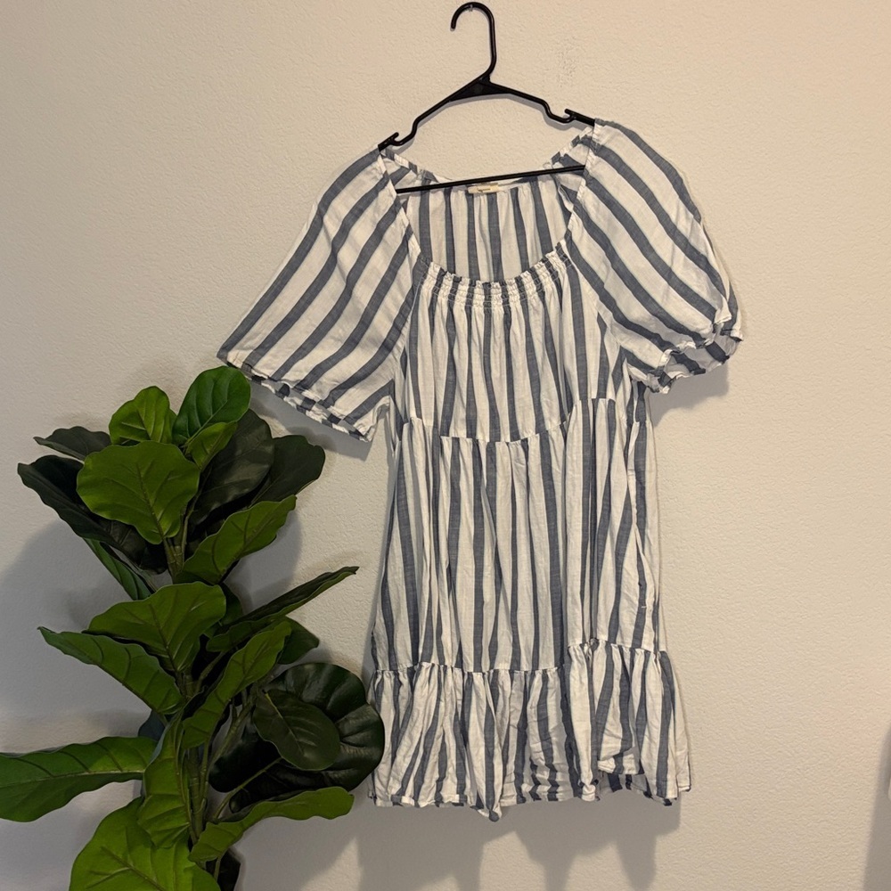 a.n.a Blue and White Striped tiered Mini Dress XL 100% cotton